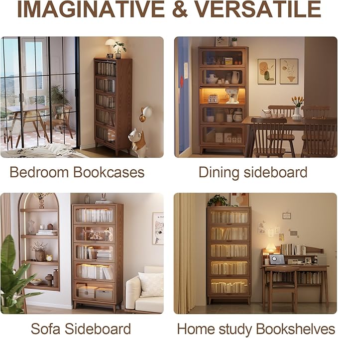 71'H *23.6W Solid Wood Bookcase,5 tir Tall Black Book case with Doors,Modern Bookshelf with Door for Kitchen,