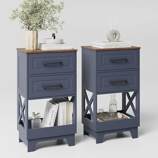 Tall Nightstand Set of 2 Side Table Modern Night Stand with 2 Drawers Wooden Rustic End Table Bedside Table with Upper Open Shelf Solid Feet for Bedroom Navy Blue+Walnut