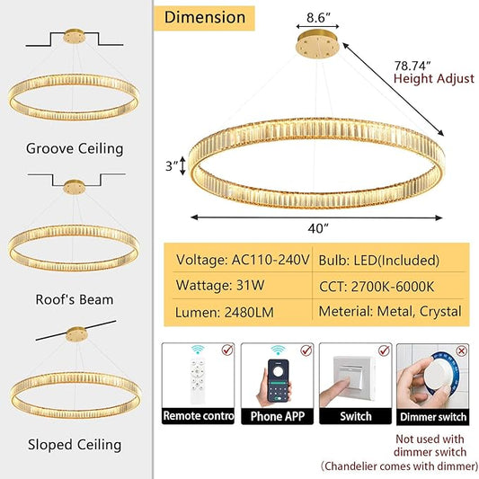 40'' Modern Ring Chandelier Crystal Chandeliers for Dining Room Round LED Dimmable Ceiling Light Fixture for Living Room Bedroom Lighting Gold