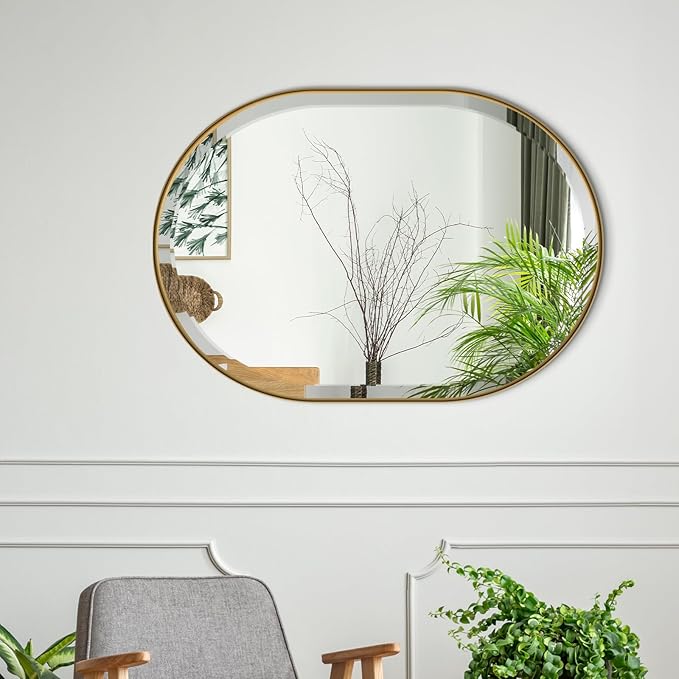 POZINO Modern Oval Beveled Mirror, 22"x30" Brushed Gold Bathroom Vanity Mirror Over Sink, Pill Shaped Capsule Wall Mounted Mirrors for Living Room Bedroom Entryway, Hangs Vertically or Horizontally