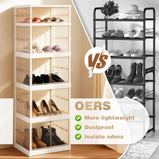5-Tier Plastic Foldable Storage Cabinet with Built-in Wheels, Dust-Proof Lightweight, collapsible Multifunctional organizer with Magnetic Clear Door for Shoes, Bags, Books, Entryway, Bedroom, Office