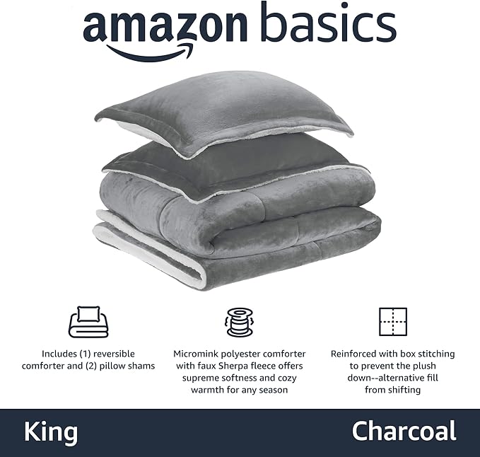Amazon Basics 3-Piece Down Alternative Micromink Sherpa Bedding Set, Ultra-Soft, Warm All Season Comforter, Machine Washable, King, Charcoal
