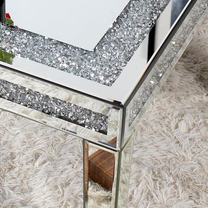 Silver Coffee Tables for Living Room with Dazzling Crushed Crystal Border, Clear Glass Rectangle Center Table Mirrored Finished, Glam Modern Living Room Furniture