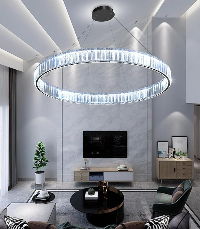 32'' Modern Ring Chandelier Crystal Chandeliers for Dining Room Round LED Dimmable Ceiling Light Fixture for Living Room Bedroom Lighting Black