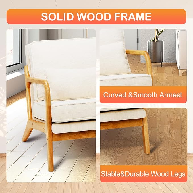 Modern Accent Chair Set of 2 with Lumbar Pillow, Relaxing Mid Century Chair Armchair with Solid Wood Frame & Soft Cushion, Reading Leisure Armchair for Living Room, Beige