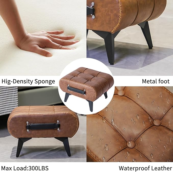 Small Footstool Ottoman - Stylish and Functional Faux Leather Footrest for Extra Seating in Living Room, Entryway, or Office
