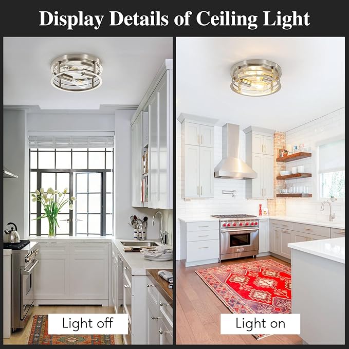 2-Light Round Flush Mount Ceiling Light, Farmhouse Brushed Nickel Metal Cage Close to Ceiling Light Fixture, 11inch E26 Base Semi Ceiling Mount Lamp, Modern Pendant Lighting for Porch 2 Pack