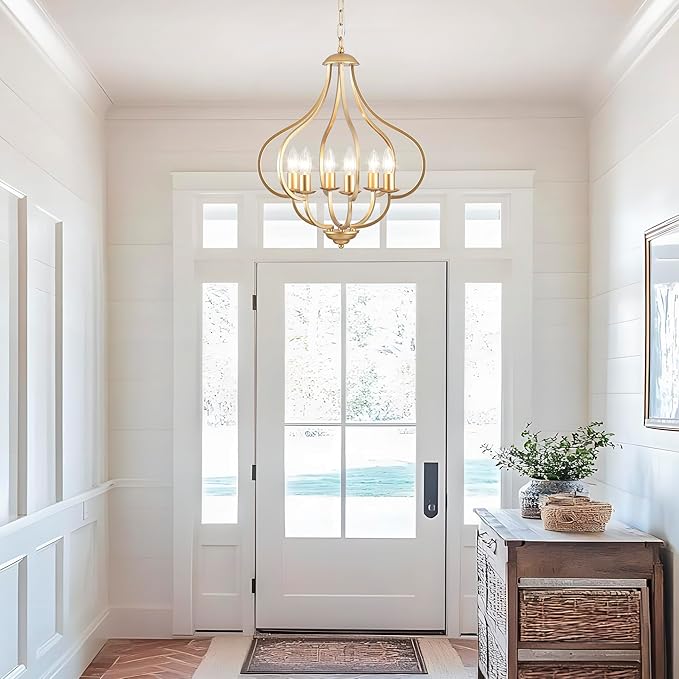 6 Lights Vintage Farmhouse Light Fixtures, Pendant Lights Kitchen Island Lighting, Modern Kitchen Light Fixtures Over Table Gold Chandelier for Dining Room Hallway Entryway Bedroom Foyer