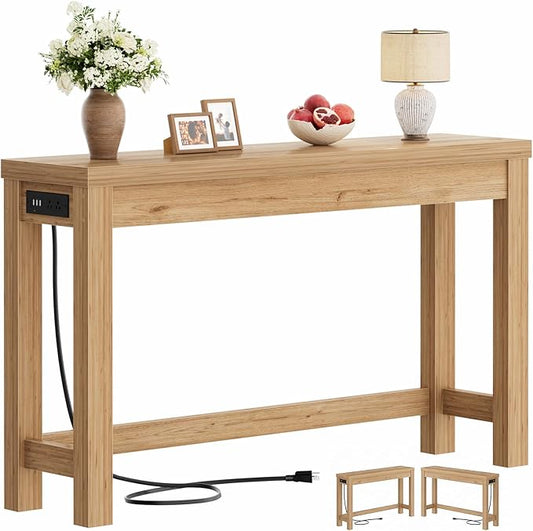 Cyclysio 47" Console Tables for Entryway, Narrow Console Tables for Living Room, Behind Couch Table, Sturdy Wood Support Hallway Table with 3AC+2USB Charging‌ Station, Natural Oak