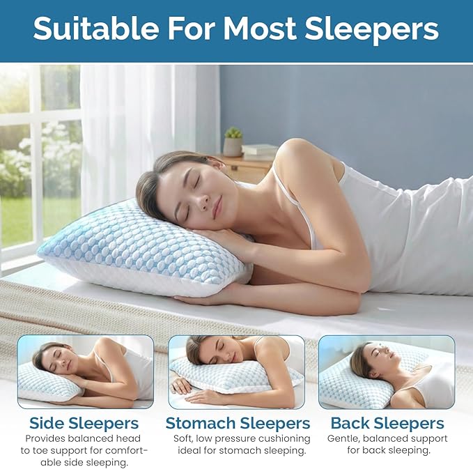 Cooling Memory Foam Pillows Queen Size 1 Pack: Double sided Adjustable firm soft Hotel Sleeping Pillow with Breathable Bamboo Rayon Zipper Cover for Easy wash and hot Side Back Stomach Sleepers 20x30