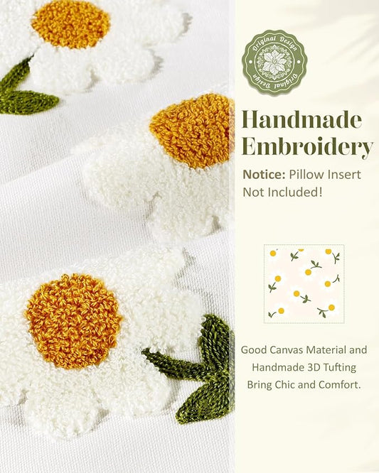 Embroidered Throw Pillow Cover - 18x18 Decorative Pillow Cover with Zipper Aesthetic Cute Design Boho Spring Summer Throw Pillowcase for Living Room Couch Sofa Bed, Ruffle Daisy