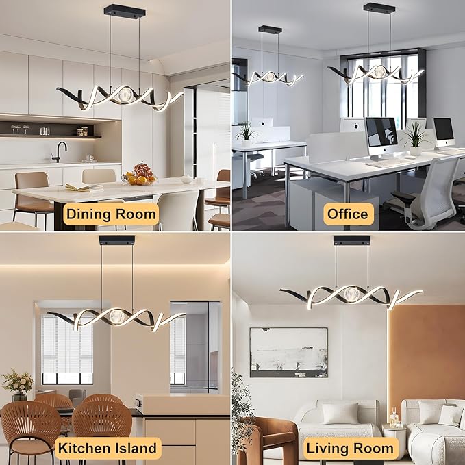 Modern LED Pendant Lights, Dimmable 39'' Spiral Wave LED Chandelier Lighting, Linear Swivel Black Dining Room Hanging Light Fixtures Kitchen Island Pendant Light for Dining Table (2340lm)