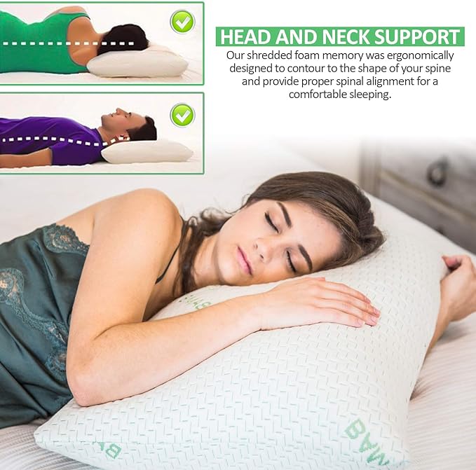 Elif Queen Size Pillows for Sleeping, Set of 2 – Cooling Shredded Memory Foam Pillow with Removable Cover for Back, Stomach & Side Sleepers, Rayon Derived from Bamboo, Queen (2 Pack)