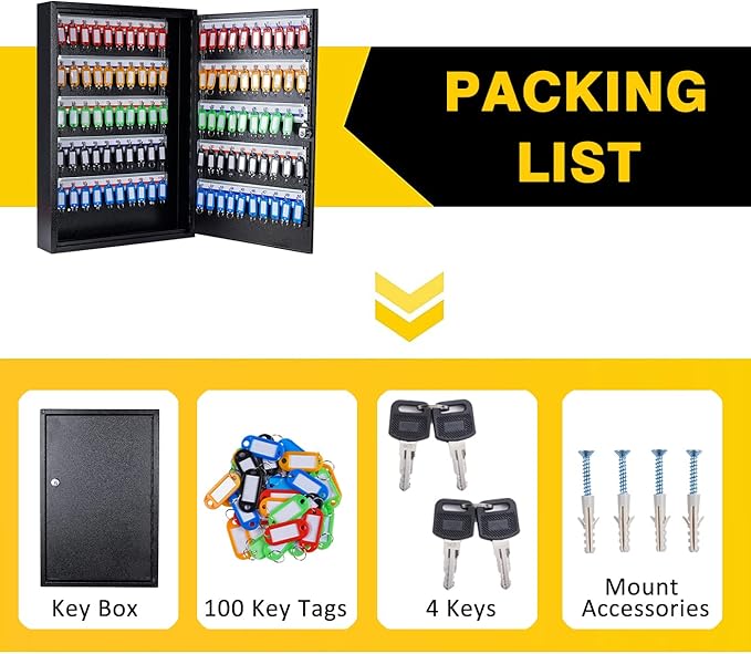 Furnishh Key Box Wall Mount 100 Position Metal Locking Key Cabinet Organizer with Key Tags Key Safe Security Storage Lockbox Holder for Valets, Hotels, Car and House Keys, Key Keeper Box - Black