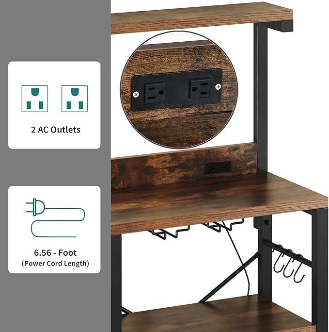 YITAHOME Kitchen Microwave Bakers Stand with Wine Rack, Wine Rack Freestanding Floor Small Storage Shelves for Liquor Bottle Glasses Power Outlet Farmhouse Coffee Bar 31 Inch, Rustic Brown