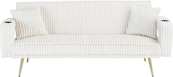 Luxury Plush Corduroy Upholstered Futon Sofabed Living Room Loveseat Sofa Convertible Sleeper Couch Bed with Style Armrests,Cupholders and Pillows, Love Seat Sofa&Couch for Home/Studio/Apartment