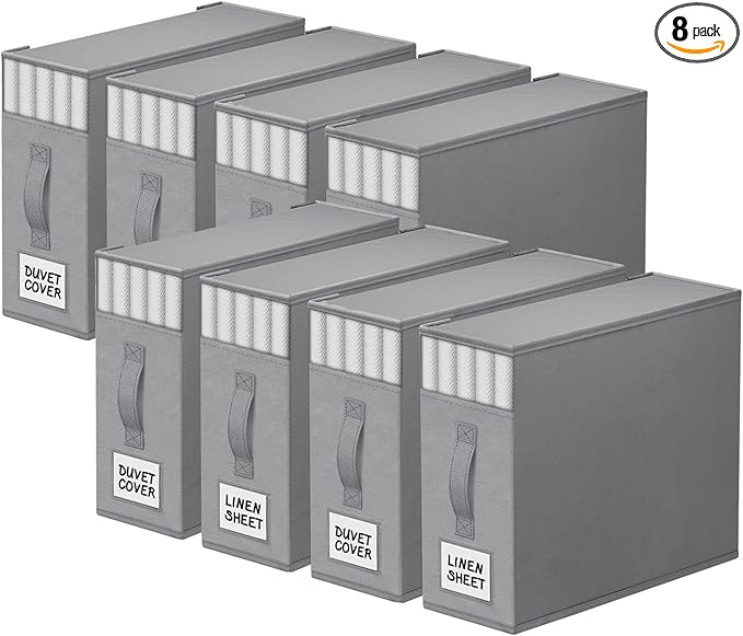 8 Pack Bed Sheet Closet Organizers and Storage,Sturdy Foldable Storage Containers with Window and Label,Storage and Organization for Bedding Sheets,Duvet Covers,Blankets (Grey)