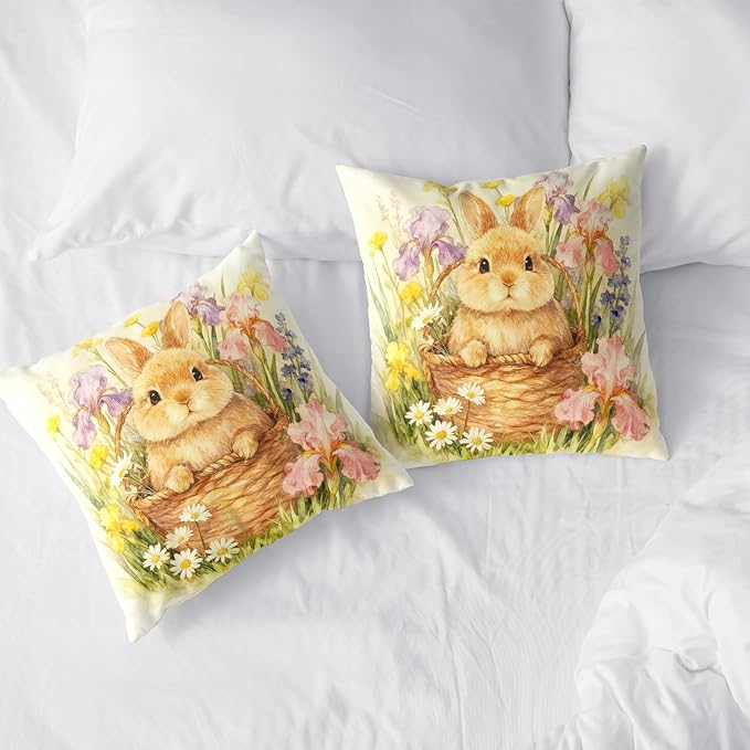 Easter Throw Pillow Covers Watercolor Lovely Bunny Pillow Covers 18x18 Spring Rabbit with Iris Daisy Floral Pillow Cases Happy Easter Farmhouse Cushion Cases for Home Sofa 2 Pack