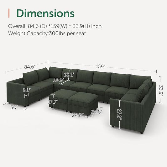 HONBAY Modular Sectional Sofa Sleeper Couch with Storage Modular Couch Convertible Couches for Living Room - Green