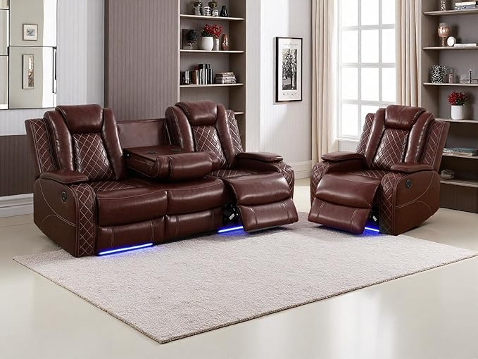 Power Reclining Sofa Sets, Living Room Sofa Sets, Breathing Leather Power Recliner Sofa,Chair with 3 Recliner Seats/Storage Console/LED Light for Living Room(Brown, S+C) ﻿