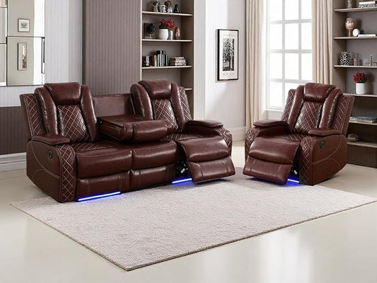 Power Reclining Sofa Sets, Living Room Sofa Sets, Breathing Leather Power Recliner Sofa,Chair with 3 Recliner Seats/Storage Console/LED Light for Living Room(Brown, S+C) ﻿