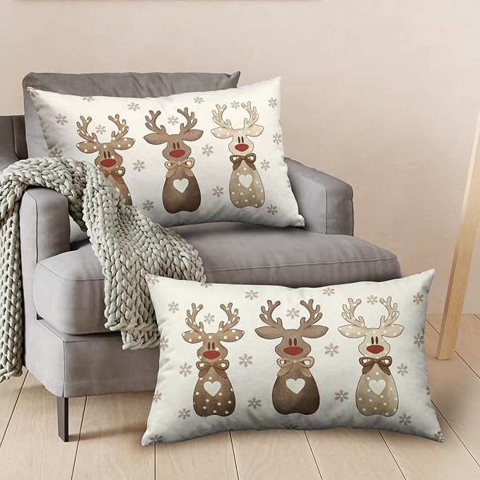 Christmas Reindeer Snowflakes Lumbar Throw Pillow Covers 12x20 Set of 2 Xmas Polka Dot Love Heart Bow Cute Brown Elk Deer Rectangle Pillow Cases Winter Holiday Decor for Home Couch