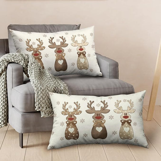 Christmas Reindeer Snowflakes Lumbar Throw Pillow Covers 12x20 Set of 2 Xmas Polka Dot Love Heart Bow Cute Brown Elk Deer Rectangle Pillow Cases Winter Holiday Decor for Home Couch