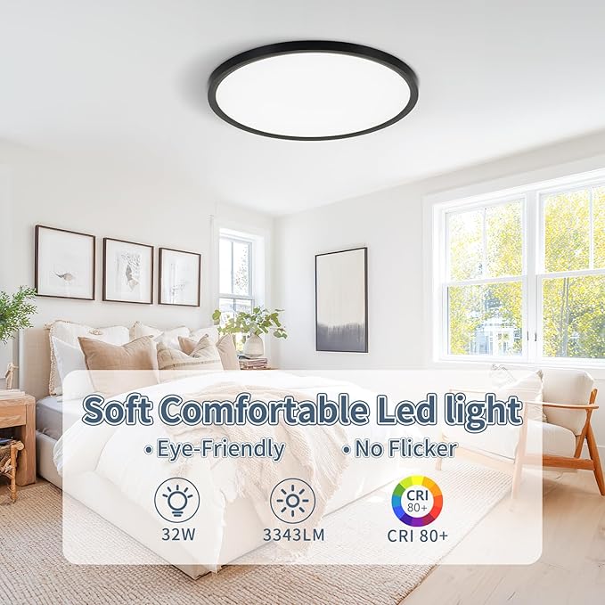 14.9 Inch 6PK LED Flush Mount Ceiling Light, ETL ,32W, 3343LM, 3000K/3500K/4000K/5000K/6500K CCT Selectable, 0.66in Ultra Thin Round Flat Panel Ceiling Light Fixture for Bedroom, Kitchen (Black)