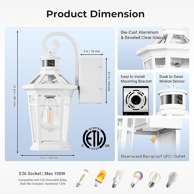 Motion Sensor Porch Light with Outlet, White Exterior Lighting Fixtures with GFCI Outlet, Outdoor Wall Lantern with Beveled Glass, Adjust Sensitivity Exterior Wall Light, Outside House Lights