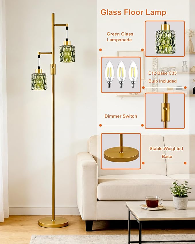 Lightdot 65IN Industrial Gold Floor Lamp for Living Room, 2- Light Green Glass Floor Lamps with 3000K Warm White Bulbs, Modern Farmhouse Tree Standing Tall Lamp for Bedroom Office Home Decor