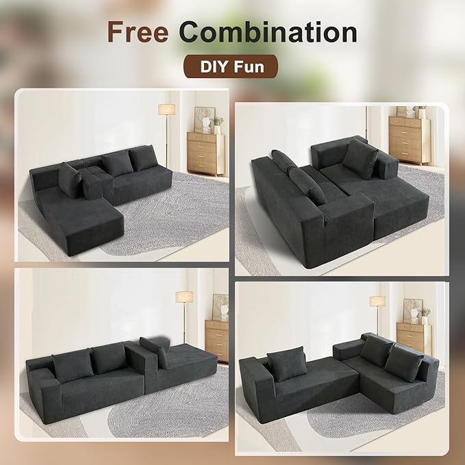 Nigoone 103" Boneless Sectional Couch with Right Chaise, Modular L Shaped Couches for Living Room, Large Gray Minimalist Modern Deep Seat Floor Sofa, No Assembly