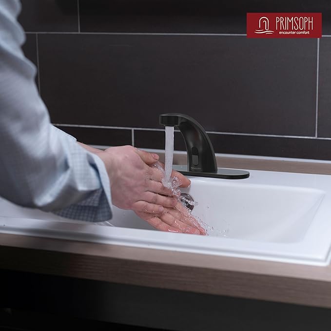 PRIMSOPH Automatic Motion Sensor Hands Free Electronic Infrared Smart Commercial Touchless Bathroom Sink Faucet with Cover Plate Temperature Mixer Battery or Plug-in Powered Matte Black