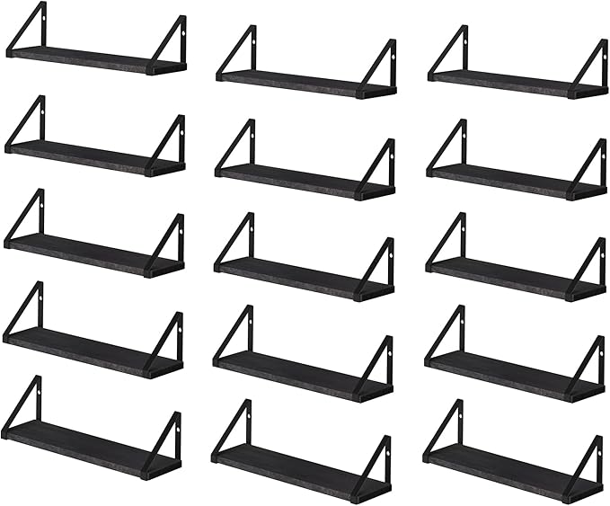 Wallniture Ponza 17'' x 4.5'' Floating Wall Shelf Bathroom, Small Wood Book Shelves for Wall Storage, Wall Mounted Shelf, Dining Room, Bedroom, Living Room, Office & Kitchen Organization, Black, 15pcs