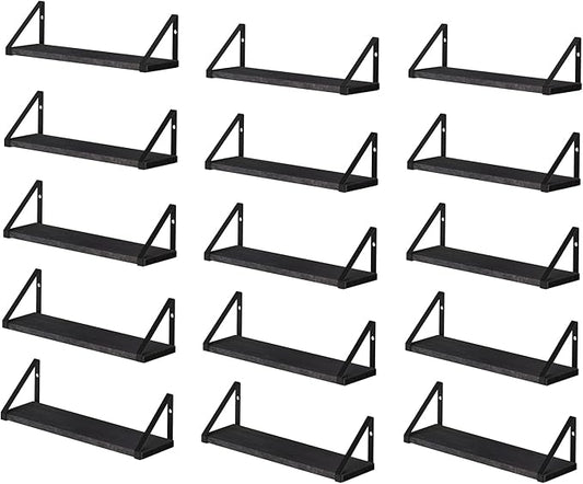 Wallniture Ponza 17'' x 4.5'' Floating Wall Shelf Bathroom, Small Wood Book Shelves for Wall Storage, Wall Mounted Shelf, Dining Room, Bedroom, Living Room, Office & Kitchen Organization, Black, 15pcs