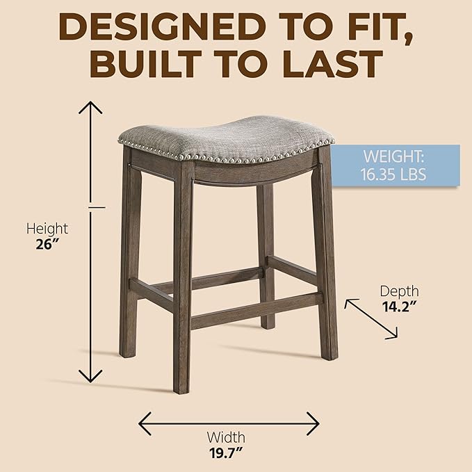 ROME + OAK Set of 2 Parker 26 Inch Counter Stool, Backless Saddle Kitchen Barstool in Walnut Finish with Grey Fabric Upholstery Cushion Seat