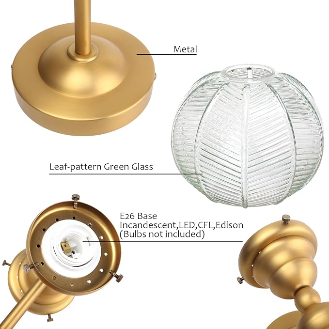 Pathson 2-Lights Vintage Wall Sconce with Green Leaf-Pattern Globe Glass, Double-Head Bathroom Vanity Lights Over Mirror, Brass Vintage Bathroom Sconce Lamp for Living Room Bedroom Above Mirror
