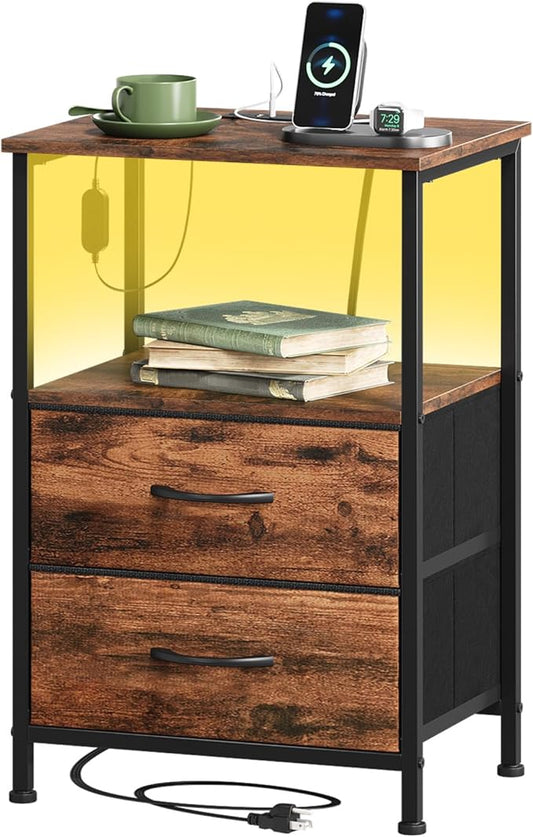 Somdot 2 Drawers Nightstand with Charging Station and LED Light for Bedroom, Small Dresser with Fabric Bins for Bedside Kids Dorm Room Closet Laundry Entryway, Wood Grain Print