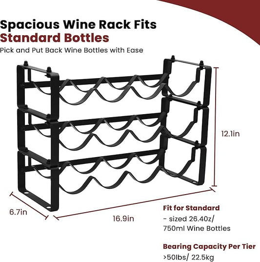 Black Wine Rack for 12 Bottles – Stackable & Expandable Metal Wine Bottle Holder for Bar Counter, Cabinet, Pantry, or Small Spaces – Modern Freestanding Wine Storage Shelf (3 Tier, Black)