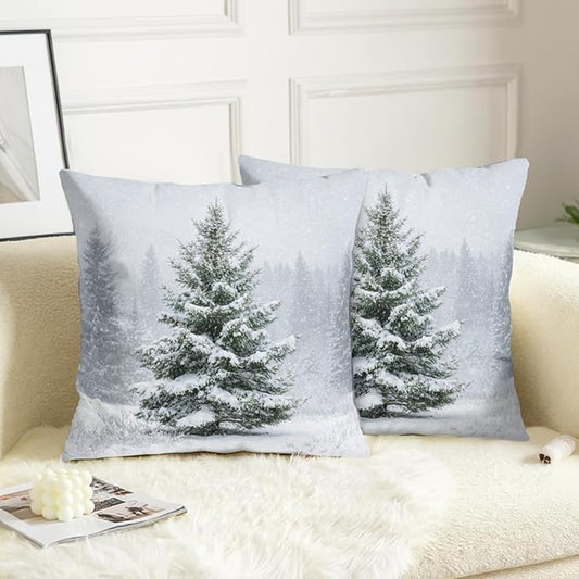 Winter Pillow Covers 24x24 Set of 2 Christmas Pine Tree Decorative Outdoor Throw Pillow Cases Rustic Natural Forest Snowflake Farmhouse Holiday Cushion Case for Home Couch Sofa