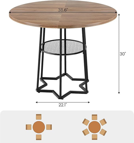 IDEALHOUSE Round Dining Table for 4, 38" Farmhouse Kitchen Table with 17.7" Storage, Small Circle Dinner Tables, Space Saving, Wood Kitchen & Dining Room Furniture for Dining Room, Apartmen, Brown