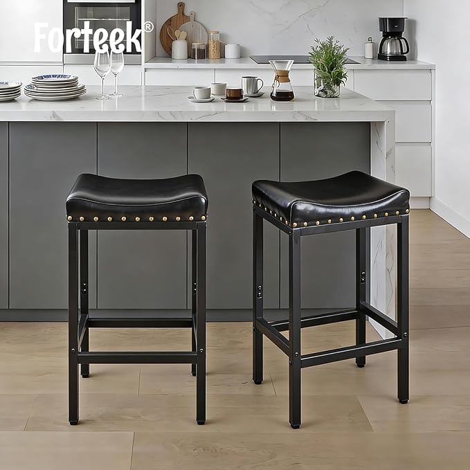 Counter Height Bar Stools, 25.5 Inch, Industrial Vintage Bar Stool with Nailhead, Faux Leather Barstool with Footrest, Saddle Stool for Kitchen Island, Dining Room, Easy Assembly