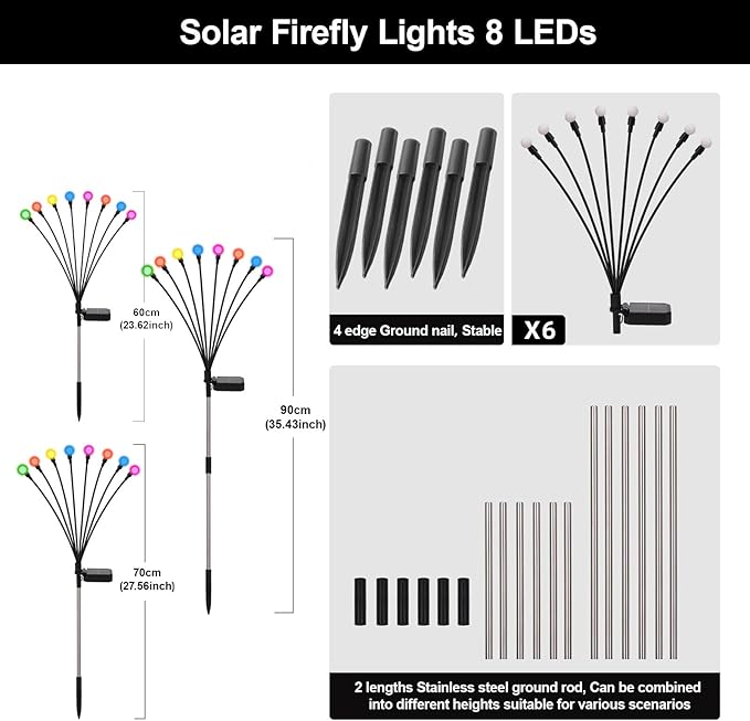 Swaying Solar Firefly Lights Outdoor, 8 Modes RGB Color Changing Firefly Swaying Solar Garden Lights for Outside Christmas Yard Patio Pathway Plant Landscape Garden Decor Multicolor(6 Pack)