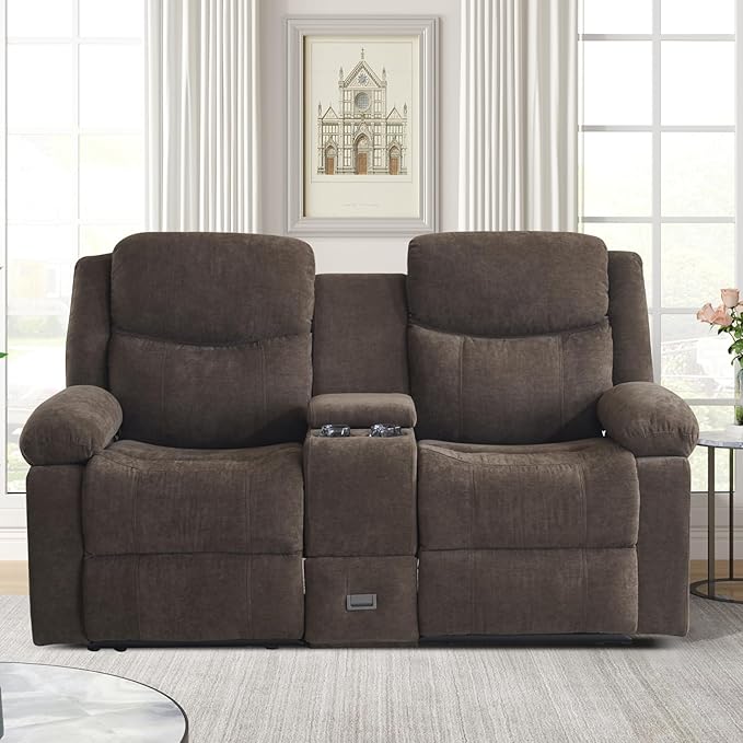 Reclining Loveseat with Console, Loveseat Recliner Sofa with Massage & Heating, RV Wall Hugger Double Loveseat Recliner Couch for Living Room & Home Theater (Chenille-Brown-2)