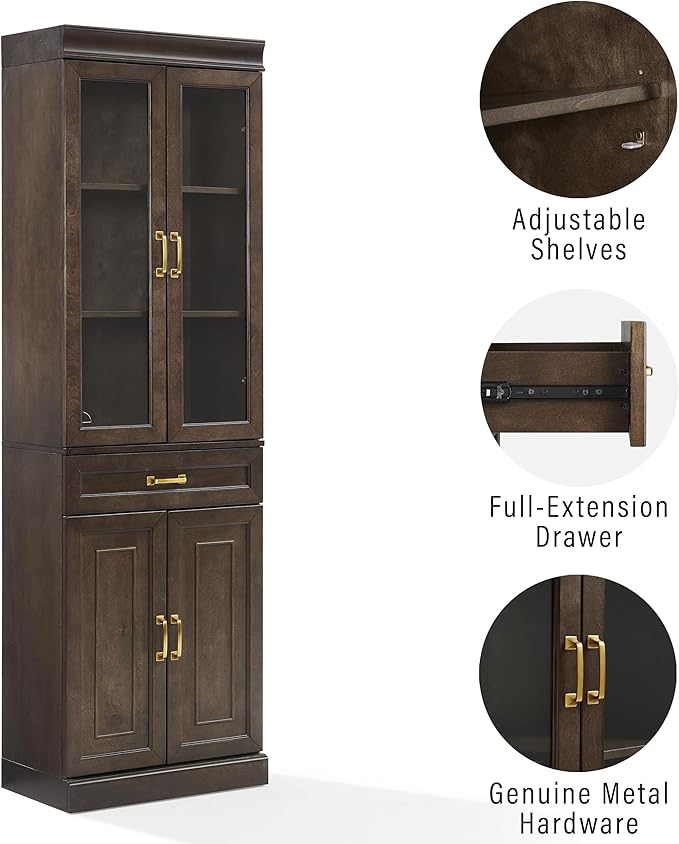 Crosley Furniture Stanton Glass Door Pantry Storage Cabinet with Shelves, Kitchen, Dining, or Laundry Room, Coffee