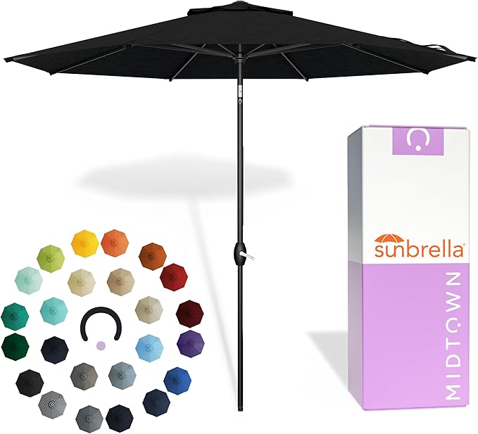 Midtown Umbrellas - The Lean 10 Ft Patio Umbrella with Fade-Resistant Sunbrella Fabric, Auto-Tilt Aluminum Frame and 8 Reinforced Ribs for Deck, Pool & Garden - Red Canopy, Black Pole