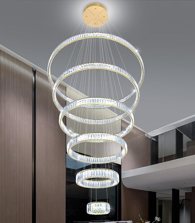 Large Ring Chandelier Modern Crystal Chandeliers for High Ceiling Round LED Dimmable Ceiling Light Fixture for Foyer Long Stair Gold 8''+16''+24''+32''+40''+47''