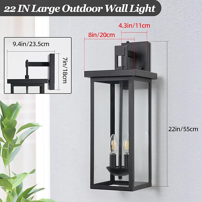 Large Exterior Lighting Fixtures Modern Wall Lantern,Outdoor Wall Lights with Clear Glass Shade,Outdoor Lamps for Patio Porch,Waterproof Outside Exterior Lights，Dusk to Dawn 22IN-1 Pack