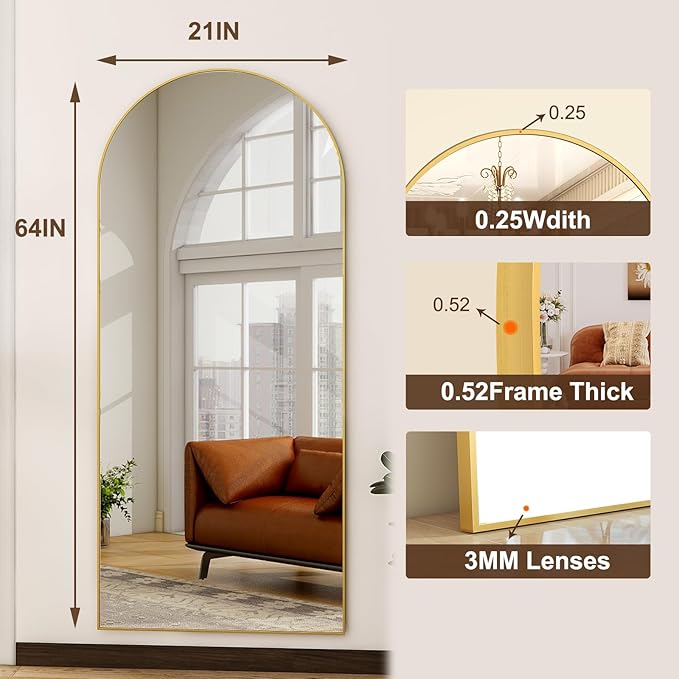 HARRITPURE Arched Full Length Mirror - 64"x21" Floor Standing Mirrors Hanging Mounted Aluminum Frame Full Body Mirror Home Decor for Living Room Bedroom Cloakroom, Gold