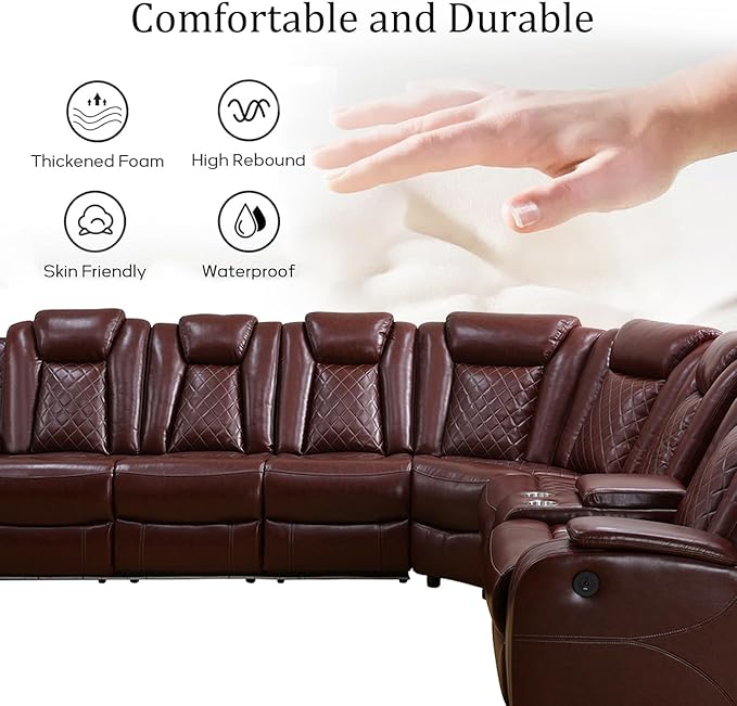 Power Reclinier Sectional Sofa,Brown Red Leather Reclining Sectional Modular Sofa,L Shaped Leather Couch with LED Lights/USB Charger/Cup Holders/Storage Console/Coffee Table(L)