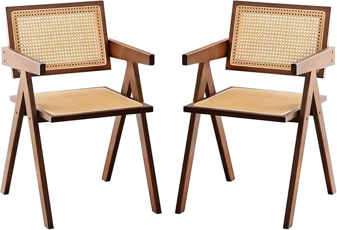 Rattan Accent Chairs, Modern Mid Century Dining Chairs Set of 2, Comfy Armchairs, Outdoor Rattan Chairs with Armrest for Bedroom Living Room Reading Room Dining Kitchen, Brown